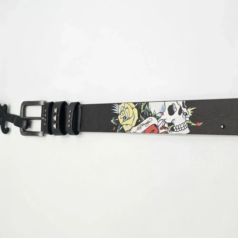 Ed Hardy Men's Skull Rose Print Black Belt With Rivet Studs Size 36 Y2K Punk New